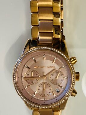 Michael Kors Rose Gold-Tone Crystal Bezel Chronograph Watch
